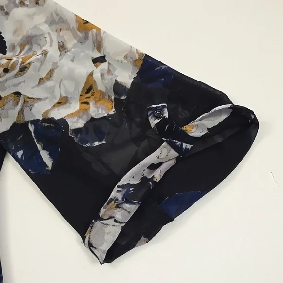 LAURA Women's Semi Sheer Blouse Top Blue Large White Floral Print Flowy Size XL - Picture 7 of 15